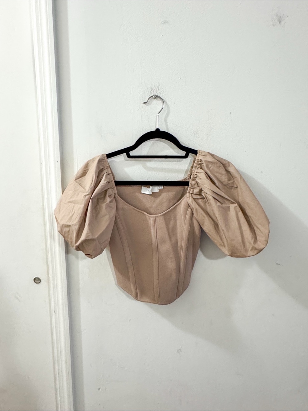 Astr Puff Sleeve Corset Top in Beige, size XS